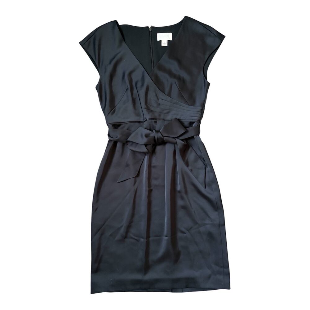 J. Crew Black Cap Sleeve Tie Waist V Neck Modest Silky Dress Sz 0 Career Elegant